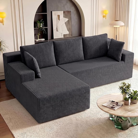 96" L-Shape Modular Cloud Couch, 3-Seater Deep Seat Corduroy Sectional Sofa, Dark Gray