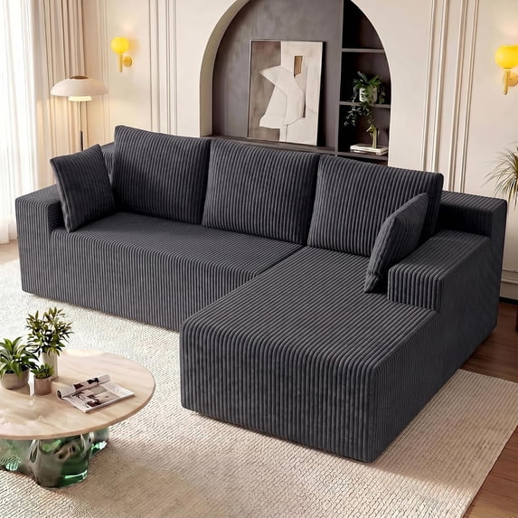 96" L-Shape Modular Cloud Couch, 3-Seater Deep Seat Corduroy Sectional Sofa, Dark Gray