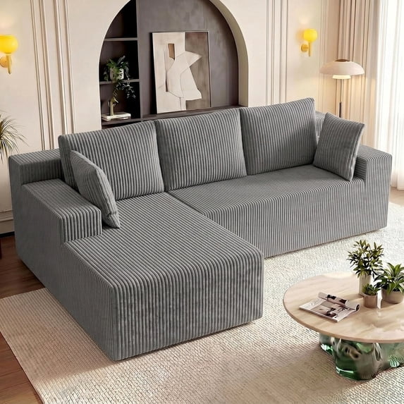 96" L-Shape Modular Cloud Couch, 3-Seater Deep Seat Corduroy Sectional Sofa, Light Gray
