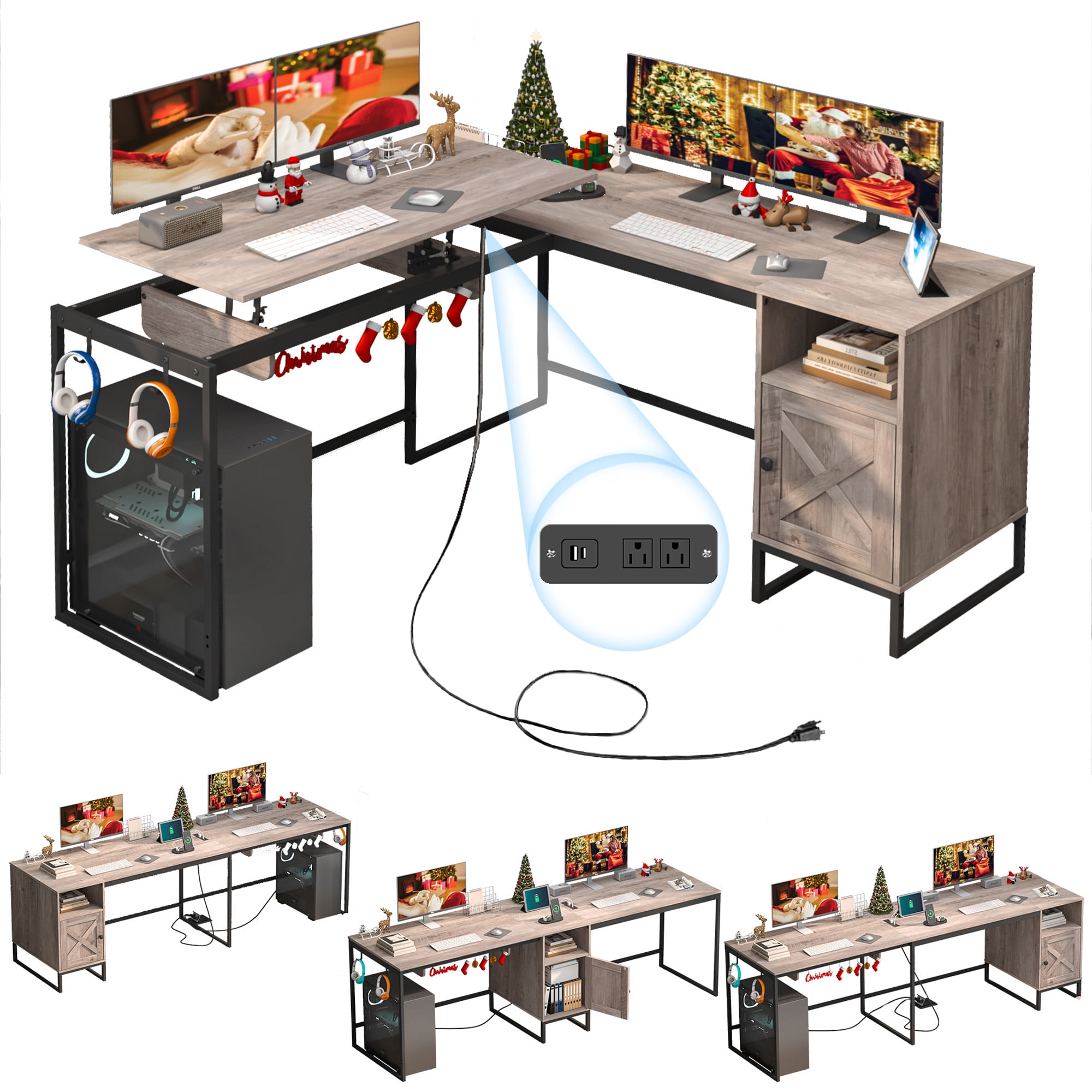 96" L Shaped Desk Lift Top Computer Desk with Power Outlet & File Corner Gaming Desk