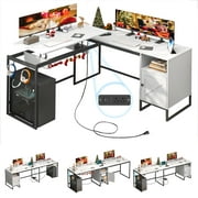 96" L Shaped Desk Lift Top Computer Desk with Power Outlet & File Cabinet, Corner Gaming Desk Reversible Workstation for Home Office(White)