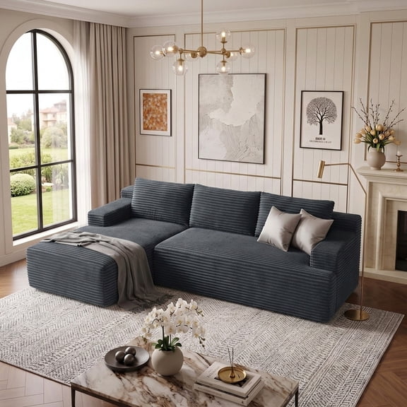 96" L-Shaped Sectional Couches for Living Room, Modular Cloud Couch with Chaise, Corduroy Deep Seat Boneless Sofa, No Assembly, Dark Gray