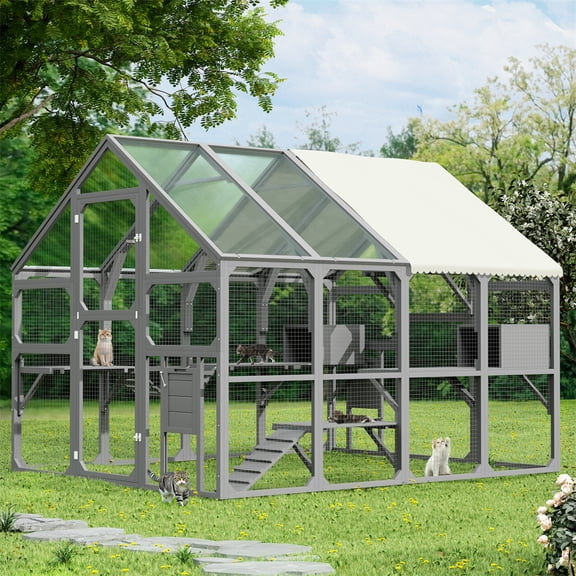 96" Large Catio for Multiple Cats, Outdoor Walk-in Cat Enclosure with 7 Cat Walks, 2 Resting Boxes, Bridge & Ramp, Weatherproof Wooden Cat House for Backyard, Gray