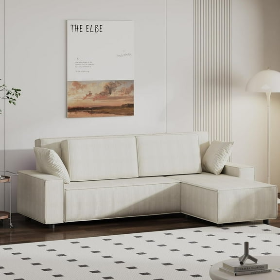 96 in Large Stripe Corduroy Sectional Sofa, L Shaped Modern Corduroy Couch with Side Chaise, Comfy Sofa Couch with Deep Chaise for Living Room, Apartment, Mall, Beige