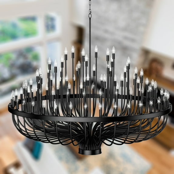 96-Light Extra Large Farmhouse Chandelier, Black Adjustable Candle-Style Hanging Light for High Ceiling Entryway, Dining Room, Hallway, Living Room