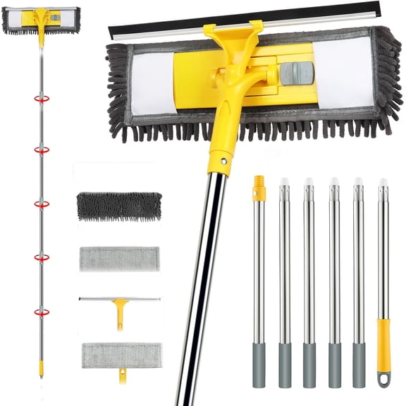 96" Long Handle Window Wall Cleaner Tool with Extension Pole,2 in 1 Large Window Squeegee with Cleaning Mop Tools Kit for Window/Wall/Baseboard/Floors Clean/Solar Panel Washer