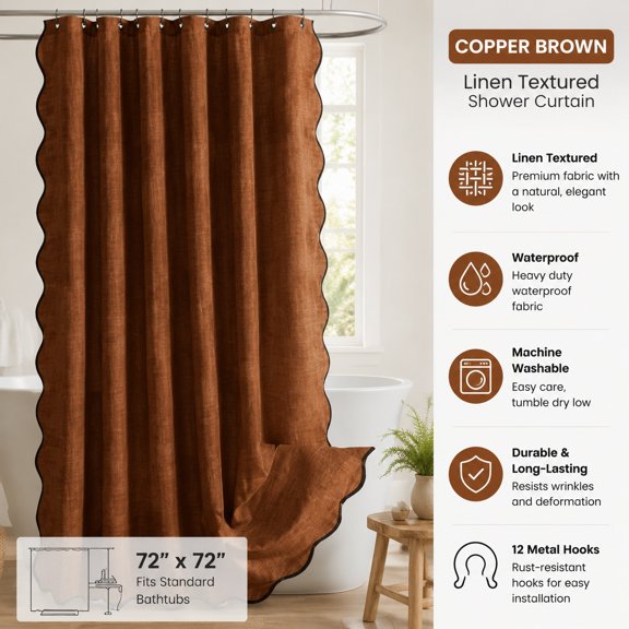 96" Long Scalloped Linen Textured Waterproof Heavy Duty Shower Curtain with 12 Metal Hooks, Extra Long, Washable, Black Border Bathroom Decor