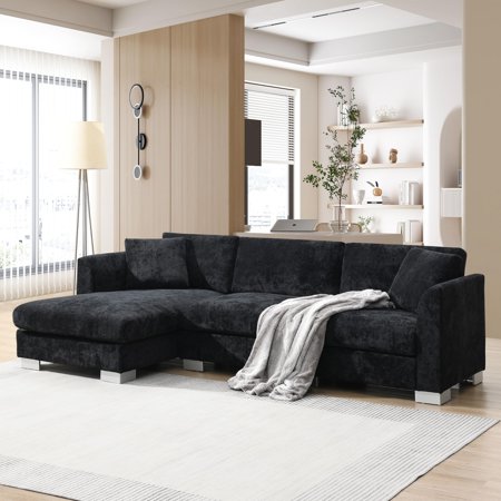 96 * 56" Modern Cloud Sectional Sofa, L-Shaped Luxury Couch Set with 2 Free Pillows,4-seat Chenille Indoor Furniture with Oversized Chaise for Living Room, Apartment, Office,Black