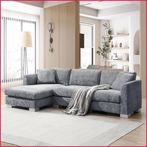 96” Modern L-Shaped Chenille Sectional Sofa with 2 Free Pillows - Perfect for Living Room, Apartment, Office | Gray | Chenille | Pillow Back