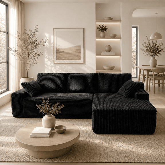 96" Modular L‑Shaped Sectional Sofa for Living Room, Modern Bone‑Free Cloud Couch, 3‑Seater with Deep Seat, Soft Corduroy Upholstery, No Assembly Required, Black, Right‑Facing Chaise