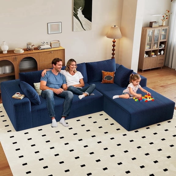 LUCKHAO 96" Modular Sectional Sofa with Right-Facing Chaise, Corduroy Upholstered L-Shaped Cloud Couch, Deep Seat, No Assembly Required, Blue