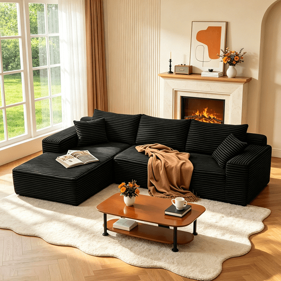 96" Modular Sectional Sofa, L-Shaped Cloud Couch with Deep Seats and Chaise, Upholstered Corduroy Boneless Couch for Living Room Small Space, No Need Assembly - Black