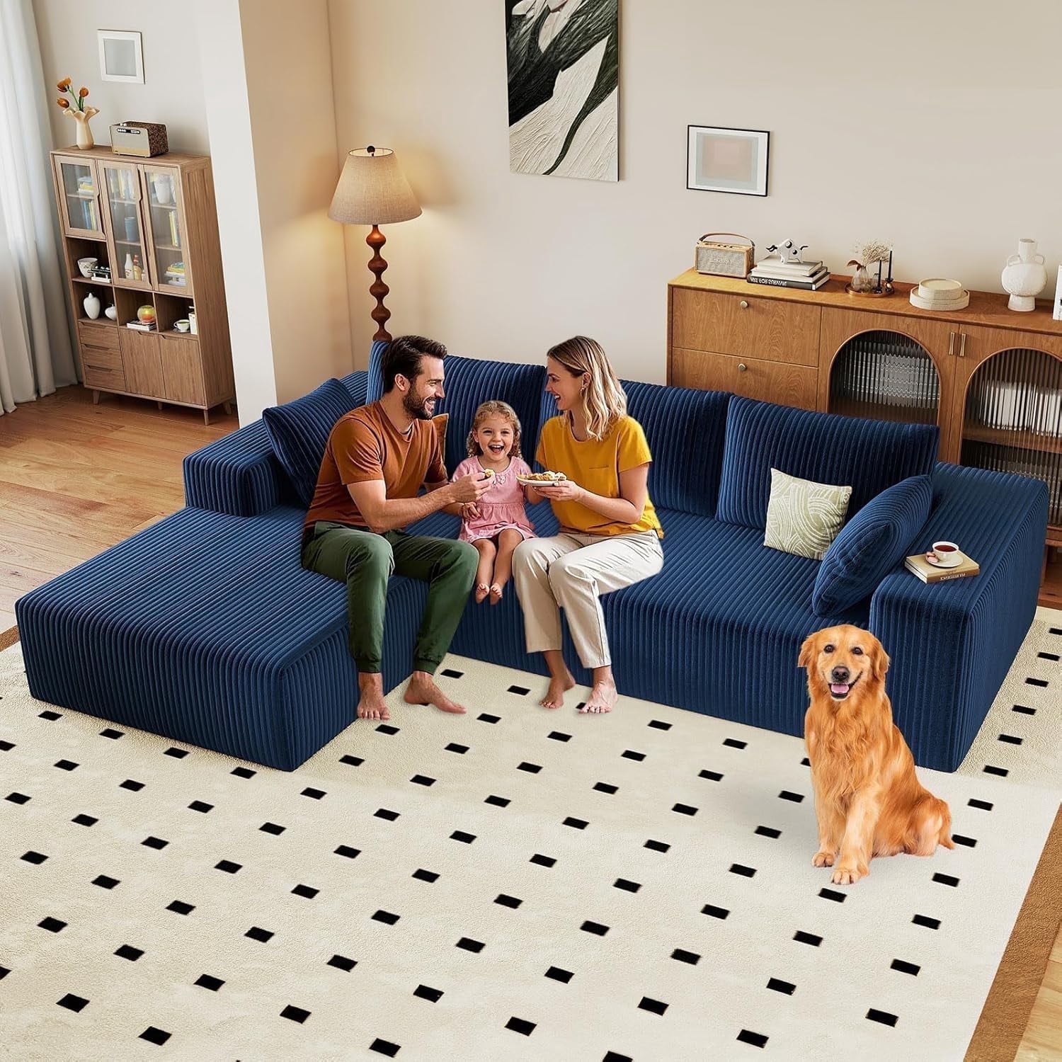 96-inch Modern Cloud Couch, L-Shaped Corduroy Sectional Sofa with Chaise, No Assembly Required, Deep Seating Modular Sofa for Living Room,Blue