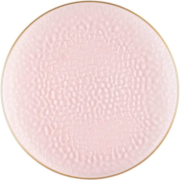 (96 PACK) EcoQuality 13" inch Round Charger Hammered Translucent Pink Plastic Plates with Gold Rim - China Like Party Plates, Heavy Duty Large Disposable Dinner Salad Plate Weddings, Serveware