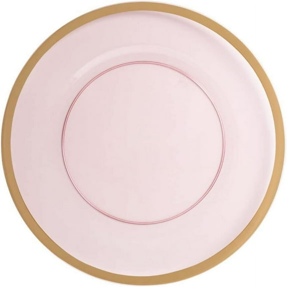 (96 PACK) EcoQuality 13" inch Round Pink Plastic Charger Plates with Gold Rim - China Like Party Plates, Heavy Duty Large Disposable Dinner Plates, Reusable Salad Plate, Wedding, Catering, Events