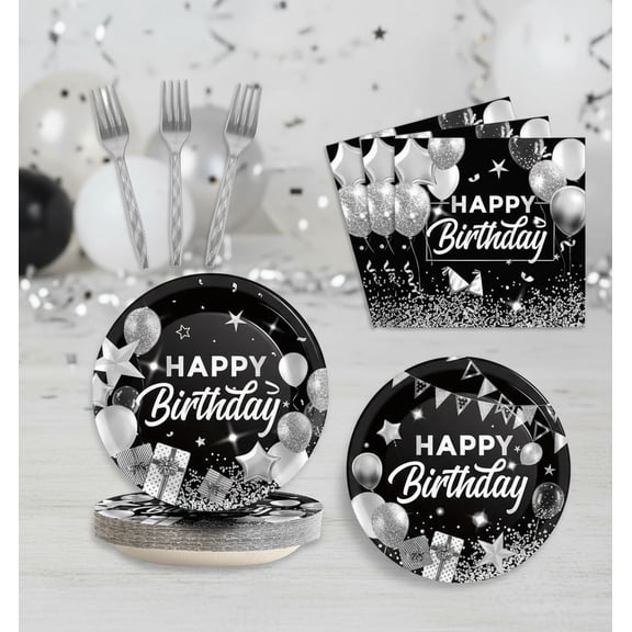 96 PCS Black and White Silver Happy Birthday Party Decorations Birthday Tableware Set Confetti Sprinkles Black Party Plates Napkins Forks Serve 24 Paper Plates Table Decors for Men Women