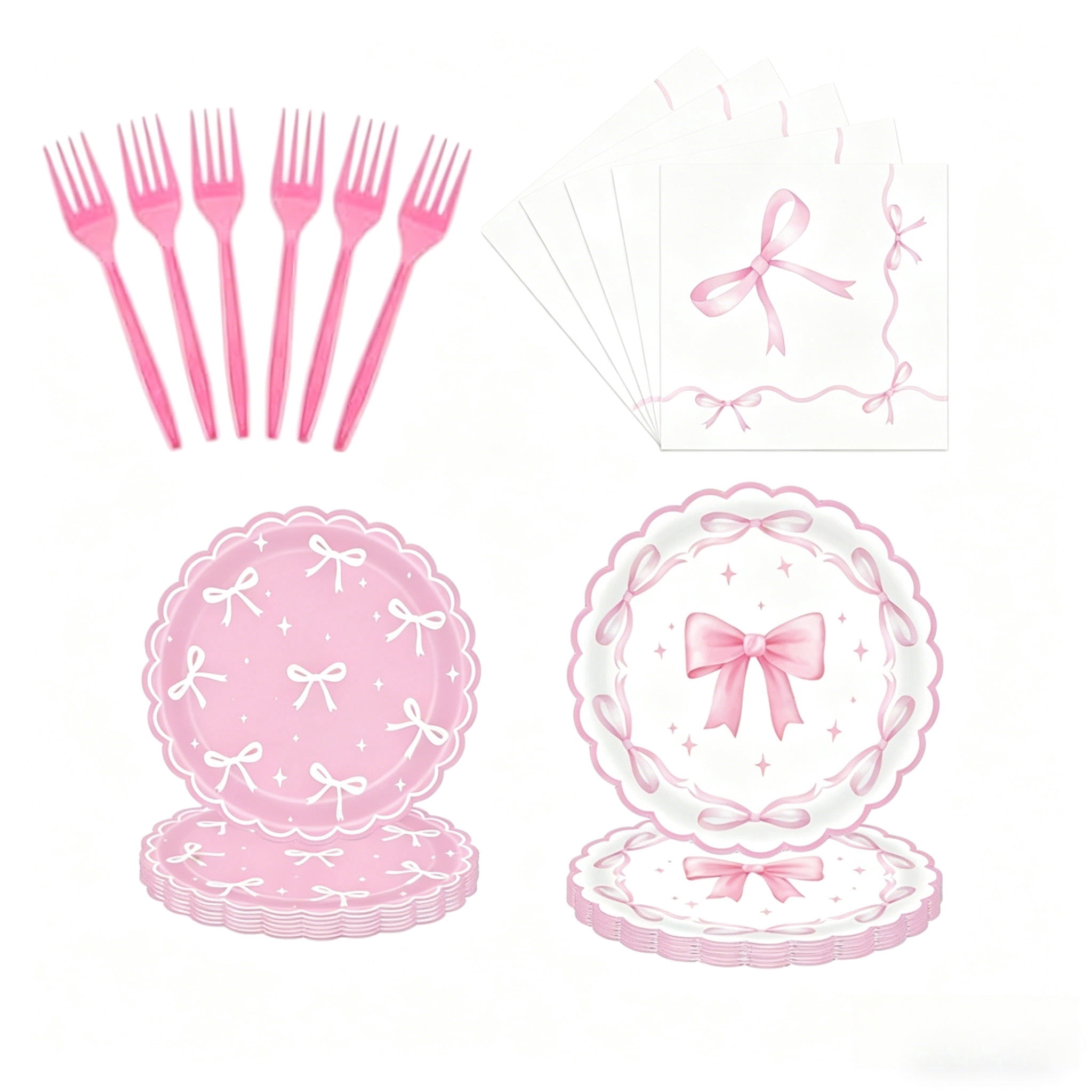 96 PCS Bow Party Plates Serve 24, Bow Plates and Napkins Forks Set ...