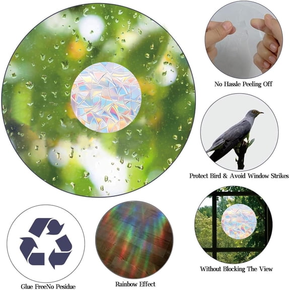 96 PCS Circle Window Clings and Decals for Bird Strike Prevention, Anti-Collision Stickers to Protect Birds from Hitting Windows, Reusable Non-Adhesive Rainbow Suncatchers