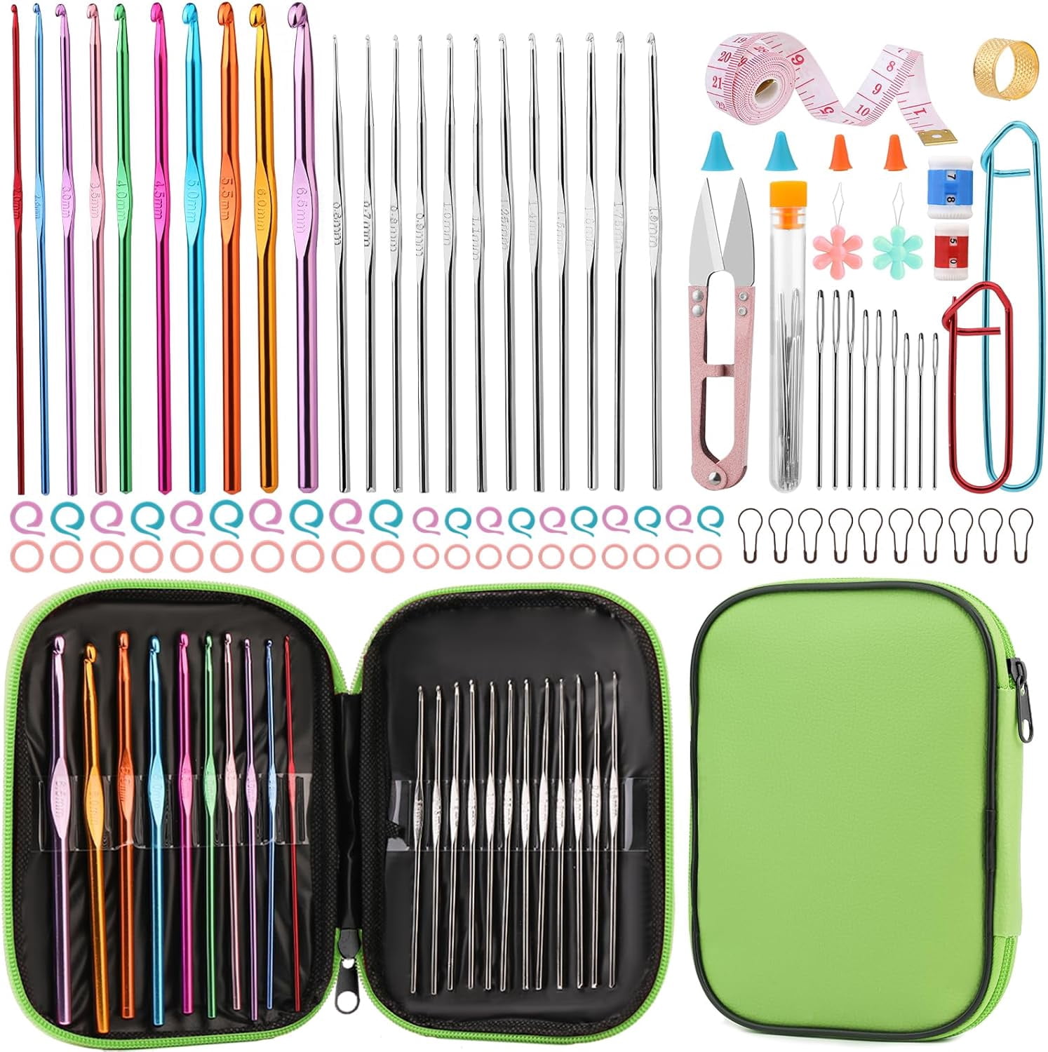 96 PCS Crochet Needles Set, Hooks Kit with Storage Bag, Metal Stitch Markers, Large-Eye Blunt for Lovers (Green)