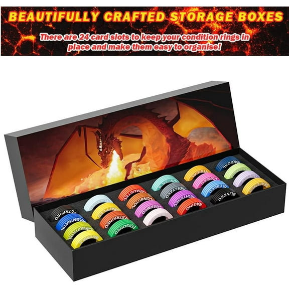 96 PCS DND Condition Rings Set - 24 Unique Status Markers for Dungeons & Dragons, Pathfinder | Storage Box Included | Perfect DM Gift Bullet Points (5-Point Highlights)