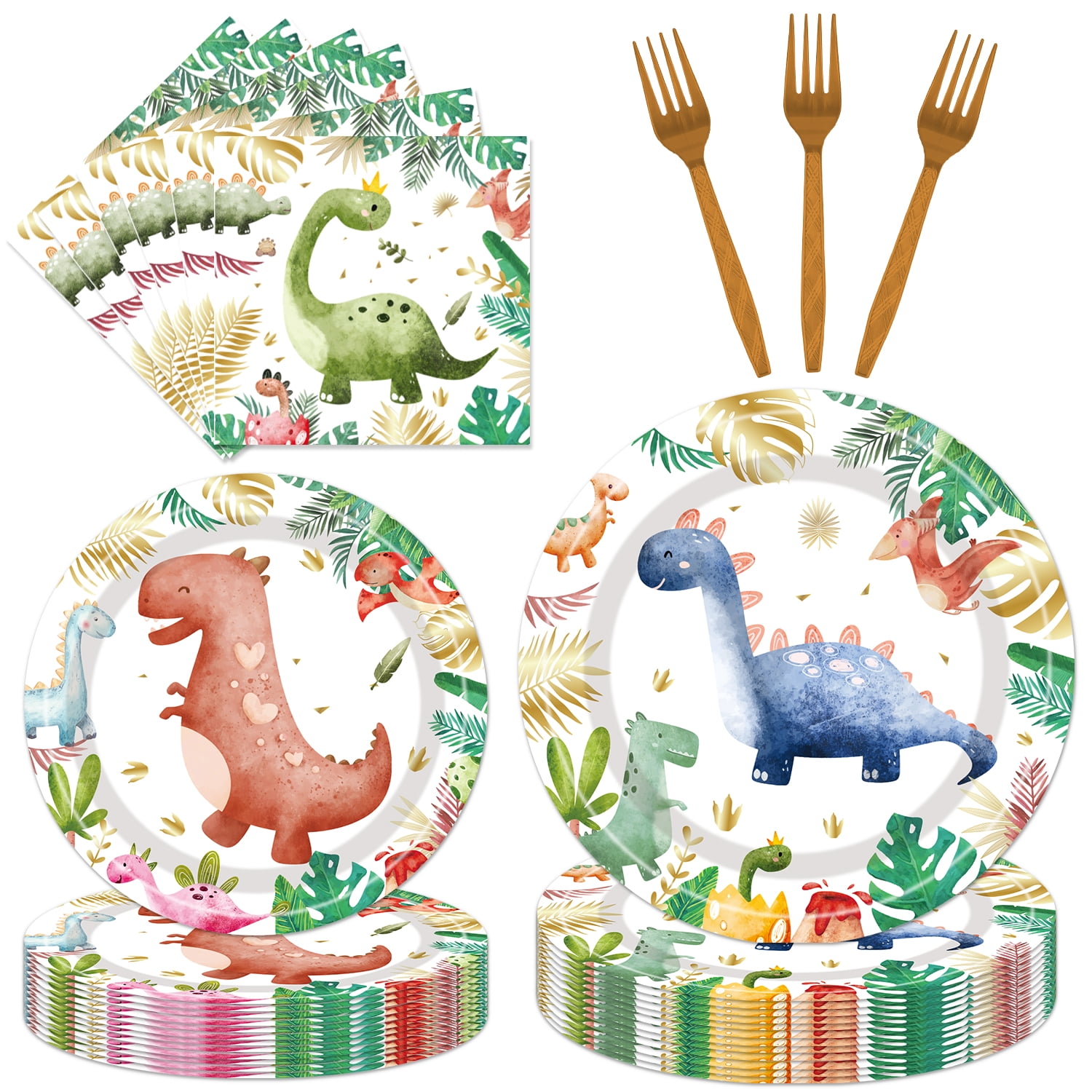 96 PCS Dinosaur Birthday Party Supplies - Cute Dinosaur Themed Birthday Decorations Includes Paper Plates Napkins Forks Sets for Boys Girls Kids Birthday Party Serves 24 Guests