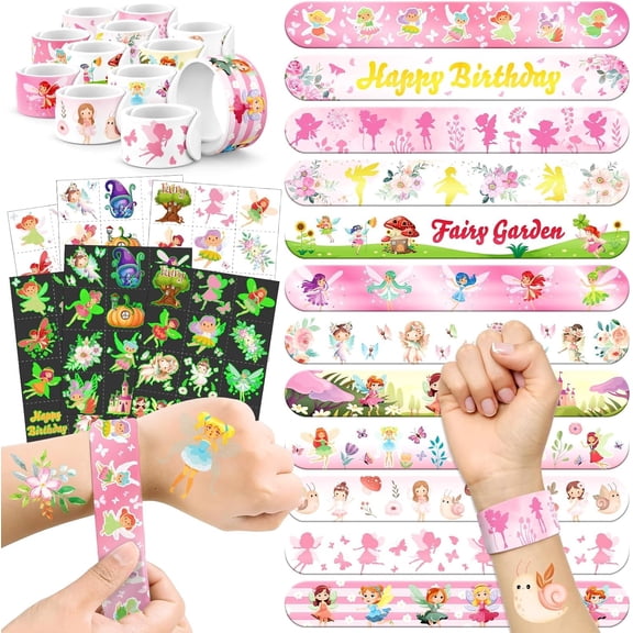 96 PCS Fairy Party Favors Set 72 Pre-Cut Temporary Tattoos & 24 Slap Bracelets for Kids, Perfect for Fairy Garden Birthday Parties, Princess Celebrations & Classroom Rewards
