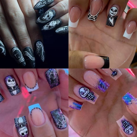 96 PCS Halloween Nail Art Set-Black Press-OnNails with Pumpkin, Spider, Ghost, and BatDesigns, Sparkly Square Shape, Perfect forHalloween Parties