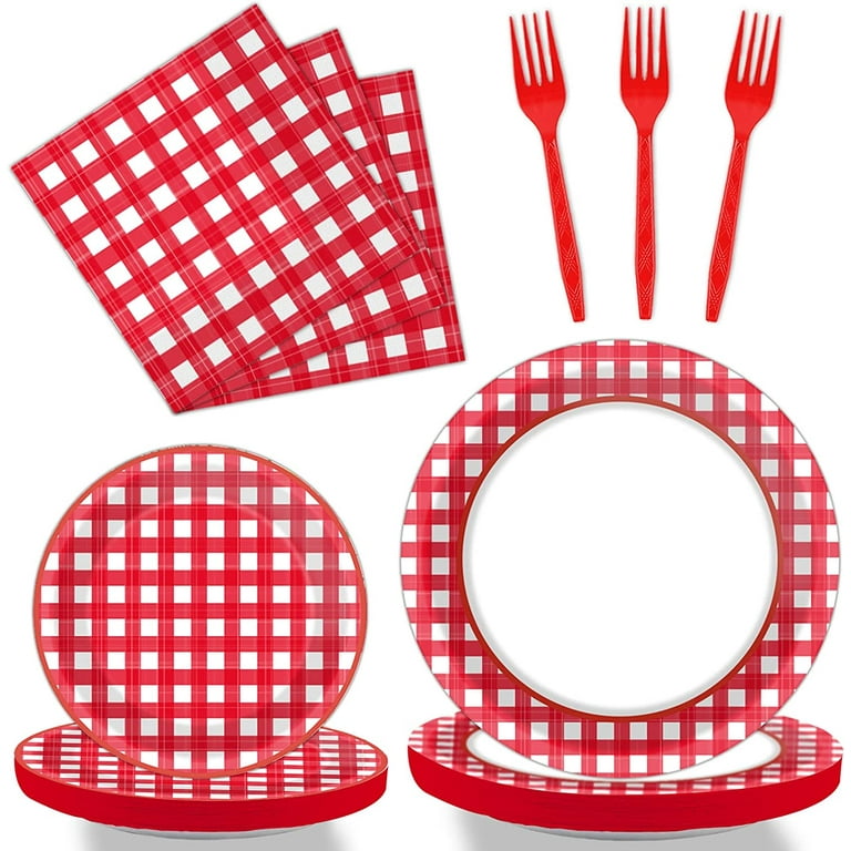 96 PCS Picnic Party Plates Red and White Gingham Checkered Plaid