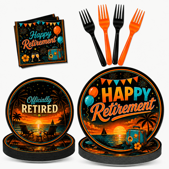 96 PCS Retirement Party Plates and Napkins Set, Happy Retirement Disposable Paper Dinnerware, Serves 24 for Men and Women, Farewell Party Supplies