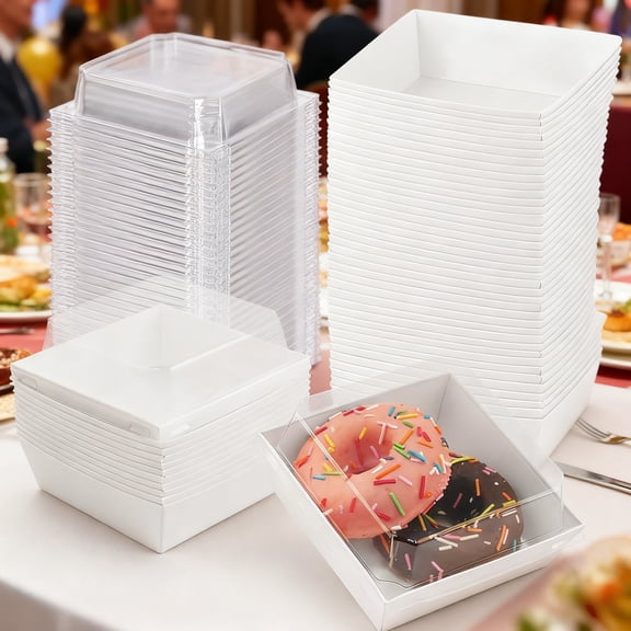 96 Pack 5 Inch Square Charcuterie Boxes with Clear Lids, To Go Cake Slice Containers, Small Bakery Boxes for Dessert, Cookies, Sandwich and Strawberries (White)