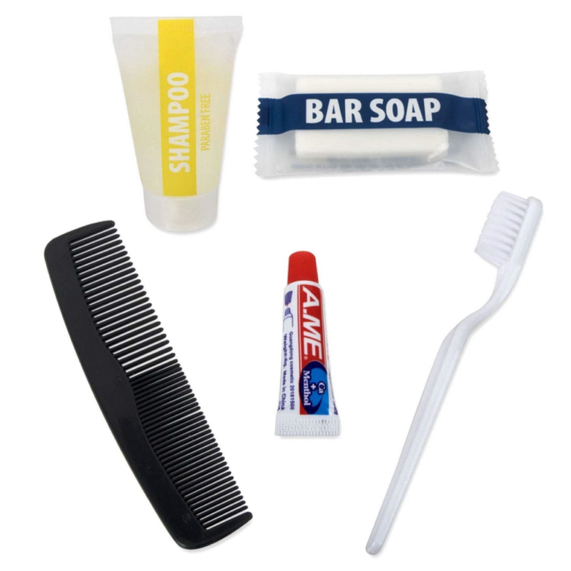 96 Pack of Bulk Wholesale 6 Piece Travel Size Hygiene Toiletry Kits Containing Shampoo, Bar Soap, Toothbrush, Toothpaste, and Hair Comb for Homeless Charity Donation