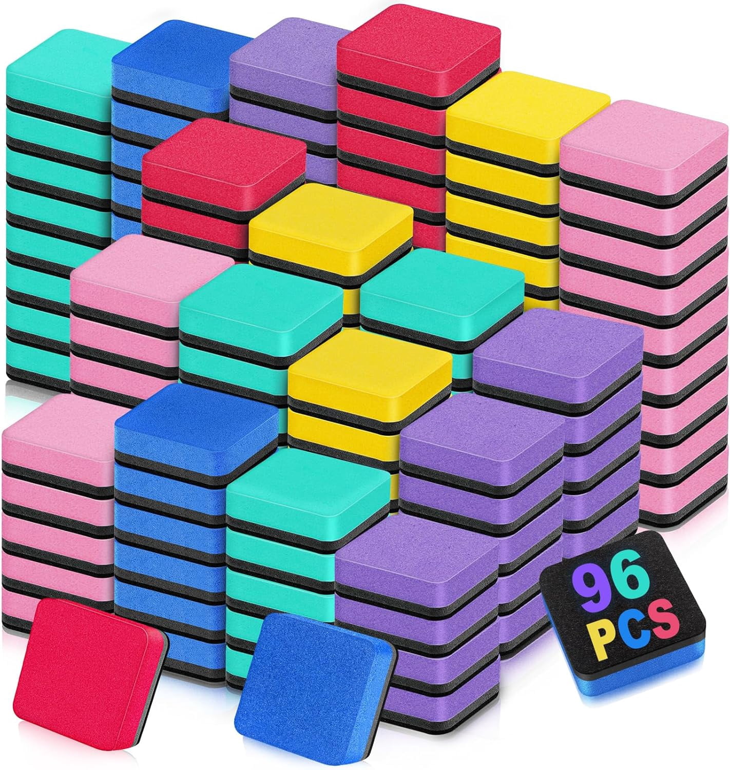 96 Pack Dry Erase Erasers, Mini Magnetic Dry Erase Eraser Bulk, Square Colorful White Board Dry Erasers, Ideal Chalkboard Cleansers, Perfect for Classroom, Home and Office (1.97 x 1.97 Inch)