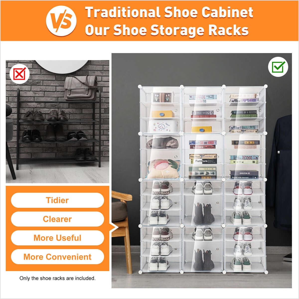 96 Pairs Shoe Box Storage Cabinet 12-Tier Shoe Rack Organizer Stackable ...