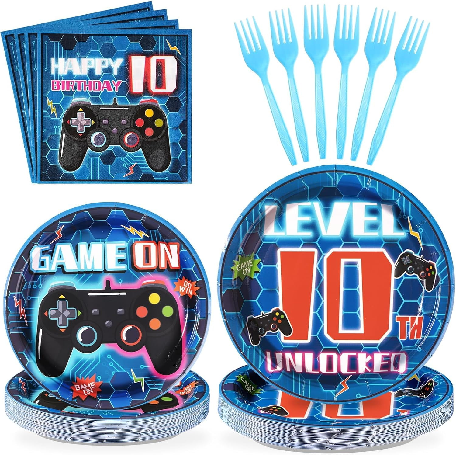 96 Pcs 10th Video Game Birthday Party Decorations Blue Video Game Level 10 Birthday Plates and Napkins Tableware Sets for Kids Boys 10 Years Old Gamer Gaming Party Supplies Favors Serves 24
