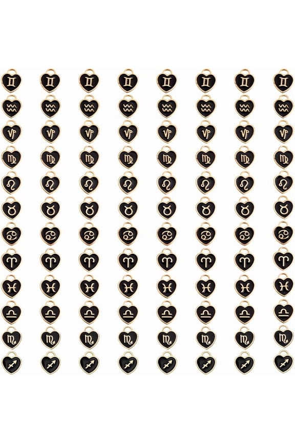 96 Pcs 12 Styles Constellation Heart Charms Alloy Enamel Pendants Zodiac Sign Dangle Pendants Astrology Horoscope Pendant
