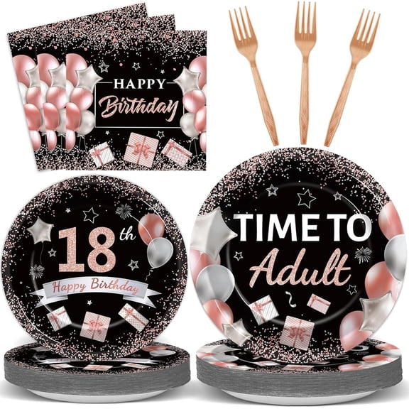 96 Pcs 18th Birthday Plates and Napkins Party Supplies Rose Gold Black Time To Adult 18th Birthday Party Tableware Set 18 Years Old Birthday Decorations Favors Girls for 24 Guests
