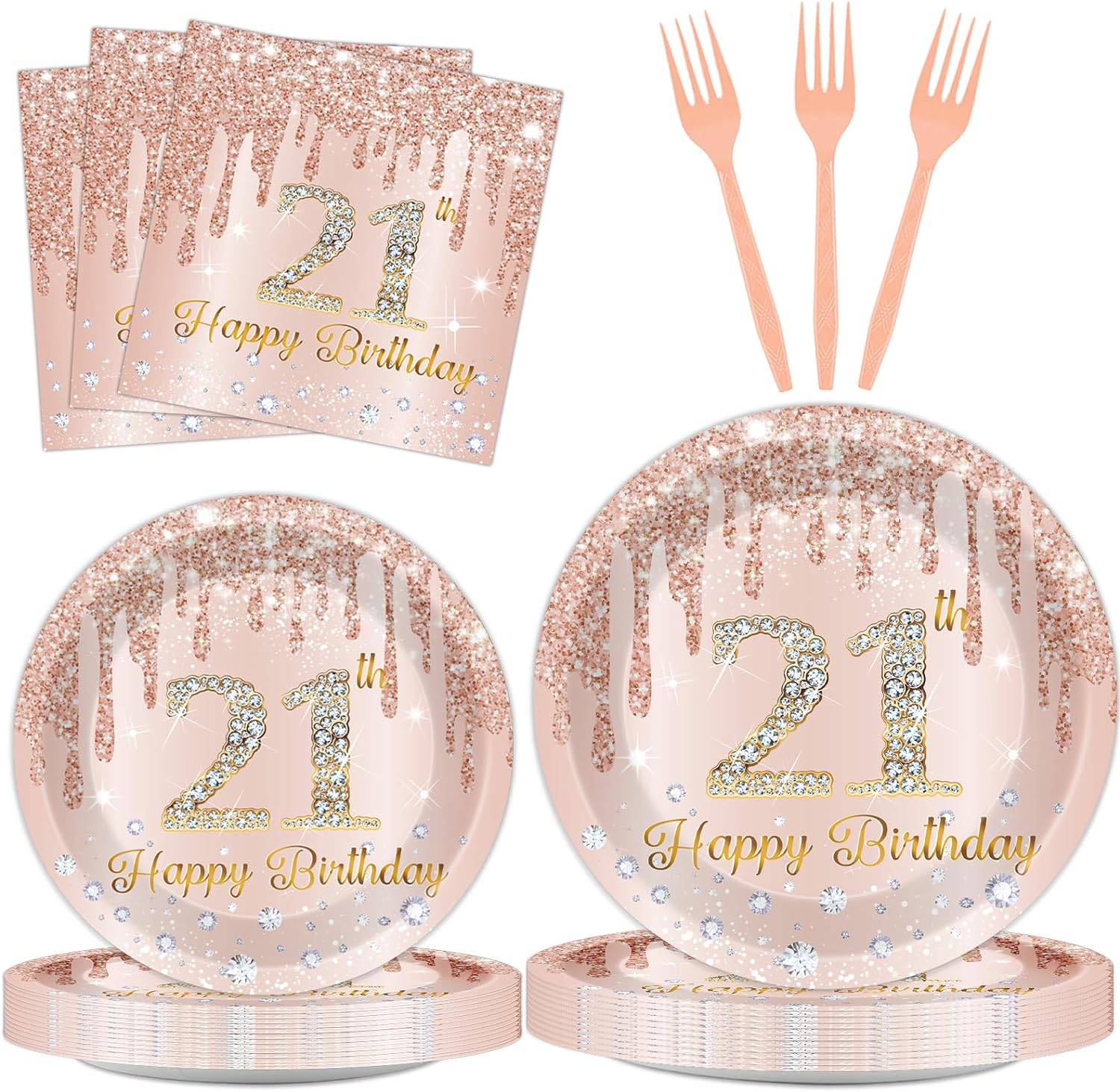 96 Pcs 21st Birthday Tableware Set Pink Rose Gold Supplies for 24 ...