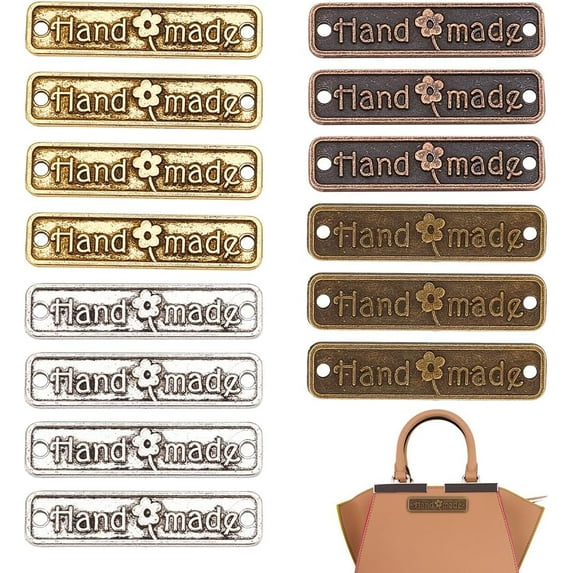 96 Pcs 4 Colors Alloy Handmade Tags Tibetan Style Handmade Labels Pendant Label Tag Signs Handmade Tags Button with 2 Holes for Sewing Clothing Decoration DIY