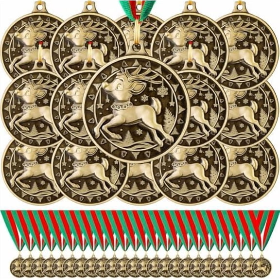 96 Pcs/48 Set Christmas Reindeer Medals Award 2" Gold Reindeer Christmas Trophy Award Medals Includes Neck Ribbon for Xmas Party Ornament Favor Gift Prize$$Gift Supply & Awards