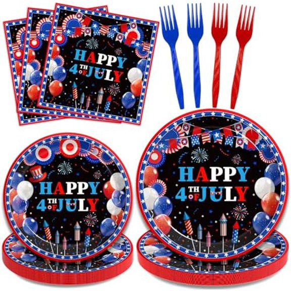 96 Pcs 4th of July Patriotic Party Plates, Independence Day Party Decorations Supplies Fourth of July American Flag Memorial Veterans Day Tableware Disposable Dinnerware Set, Serves 24