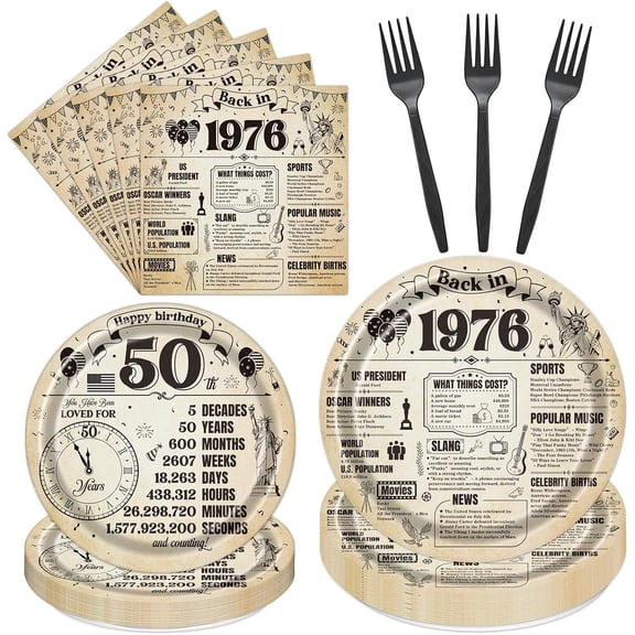 96 Pcs 50th Birthday Party Plates - Vintage Newspaper Back in 1976 Paper Decorations Disposable Napkins Tableware Retro Cheers to 50 Year Old Decor Supplies for Men Women Serves 24 Guests