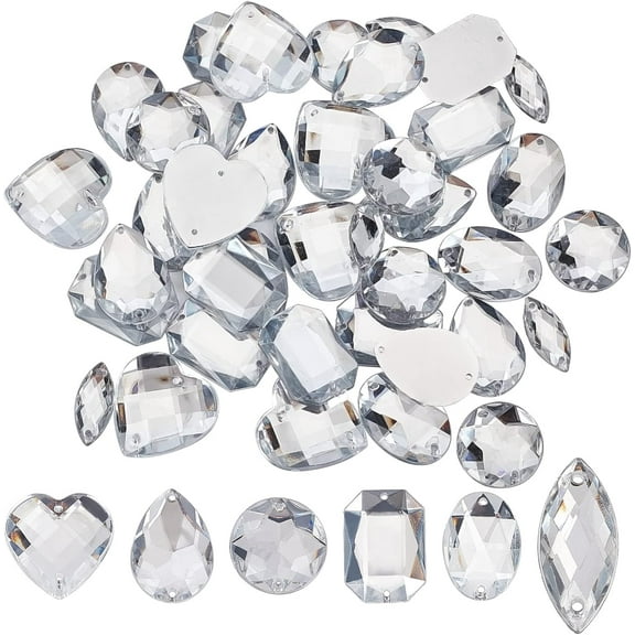 96 Pcs 6 Style Acrylic Rhinestone Gems with Holes Clear Flat Back Acrylic Jewels Crystals Sew on Rhinestone