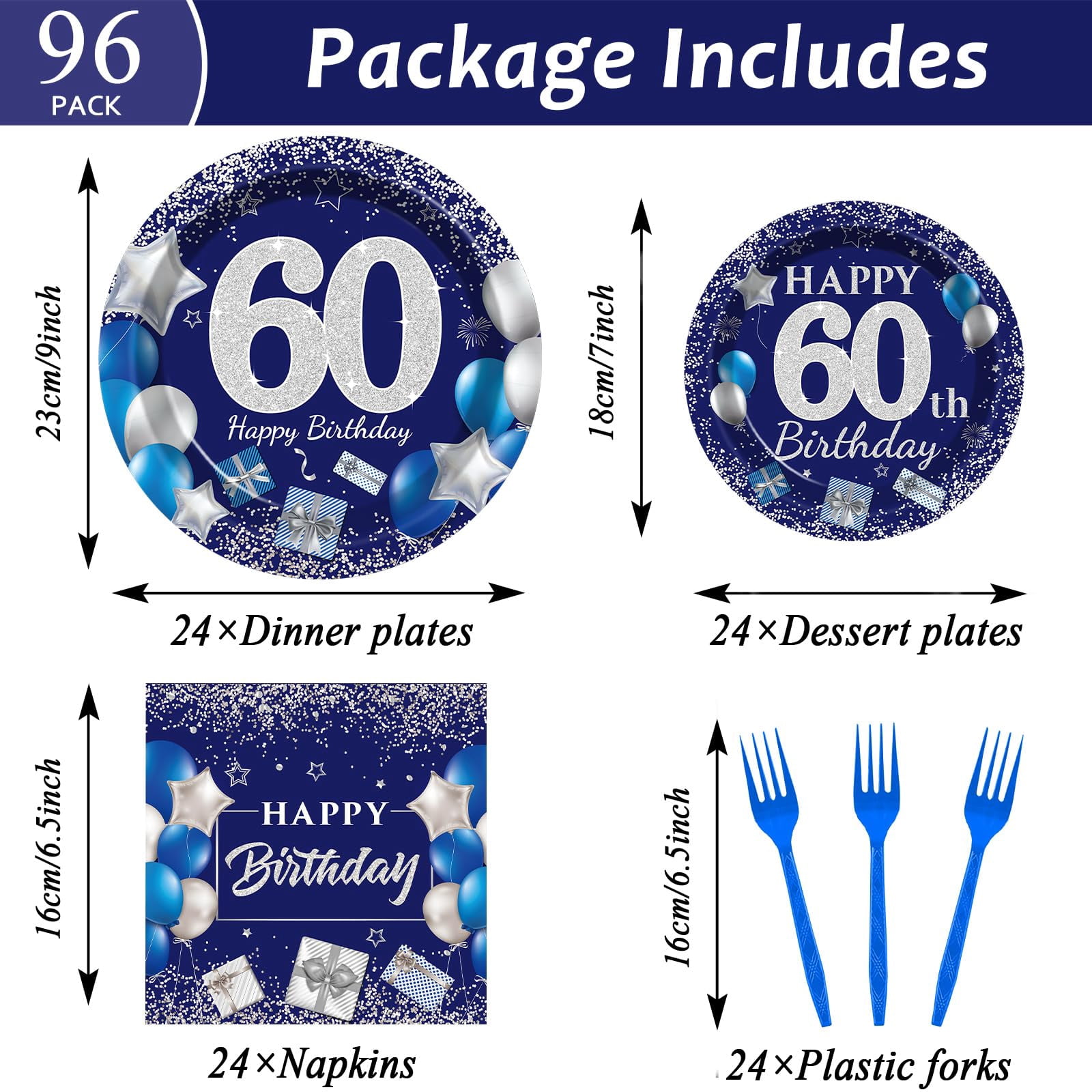 96 Pcs 60th AJH3 Birthday Party Supplies Navy Blue Silver Birthday ...