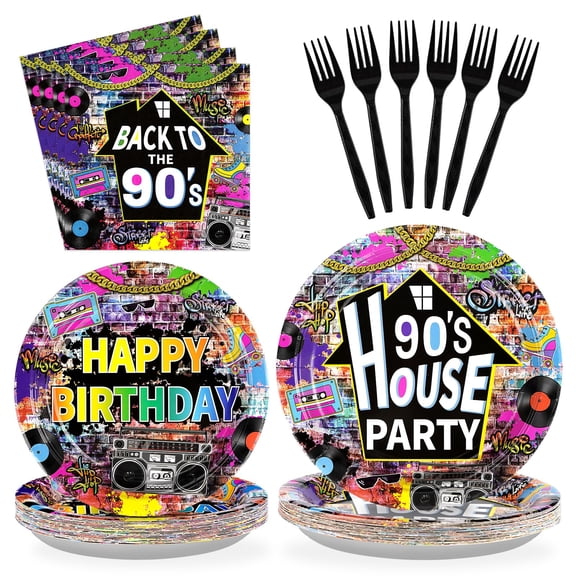 96 Pcs 90's House Party Supplies Disposable 90s Party Paper Plates and Napkins Retro Graffiti Wall Back To The 90' Tableware Set for Men Women 90s Birthday Hip Hop Party Decorations Serves 24 Y101