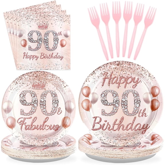 96 Pcs 90th Birthday Party Supplies for Women Rose Gold 90 Years Old Paper Plates and Napkins Tableware Set Disposable 90th Birthday Decorations for Ladies Women 90 Years Old Party Serves 24