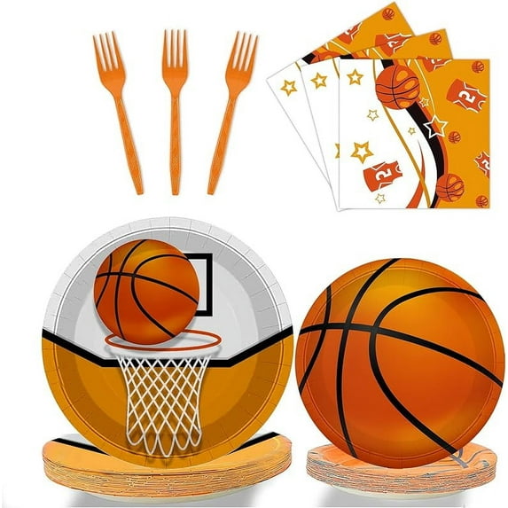 96 Pcs Basketball Plates Basketball Party Supplies Including Basketball Plates and Napkins Party Supplies, Forks Basketball Party Favors for Kids Basketball Birthday Decorations