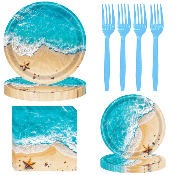 96 Pcs Beach Ocean Waves Birthday Party Supplies, Beach Ocean Waves Plates Napkins Forks Tableware Set for Hawaiian Party Birthday Decorations, Serves 24 Guests