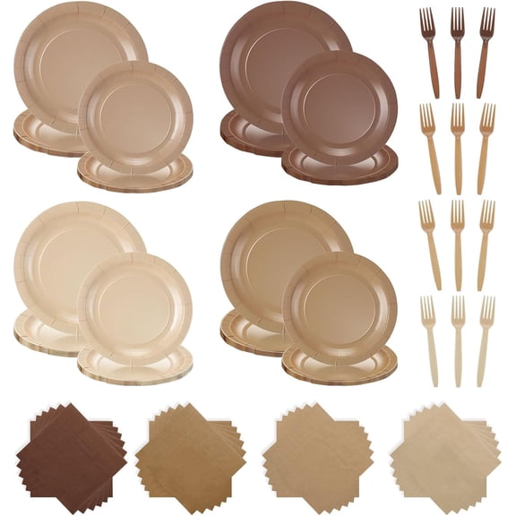 96 Pcs Brown Gradient Disposable Party Plate Set for 24 Guests 9" & 7" Neutral Paper Plate Cocktail Napkin Plastic Forks Boho Dinnerware for Birthday Farmhouse Wedding Baby Shower Tea Party