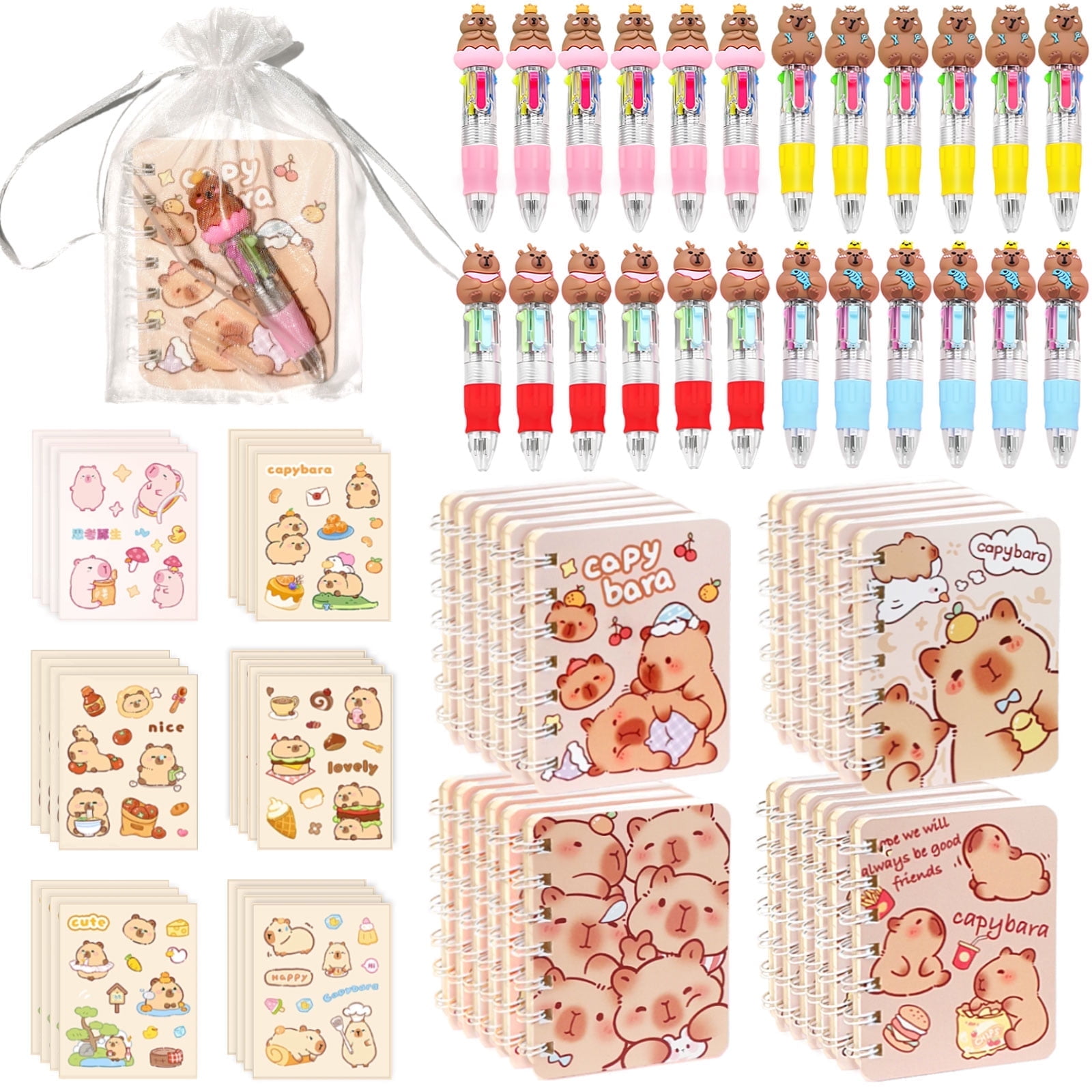 96 Pcs Capybara Gifts Bulk,4-in-1 Ballpoint Pens,Stickers,Notepads,Organza Bulk Gifts Set for Teachers Home Office Party Favor Supplies