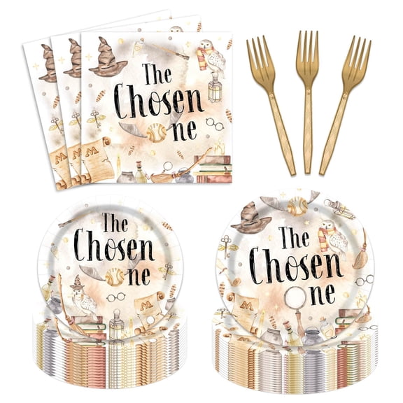 96 Pcs The Chosen One First AFN1Birthday Party Supplies Wizard 1st Birthday Disposable Paper Tableware Magical School Bday Party Paper Plates Napkins Fork Serves 24